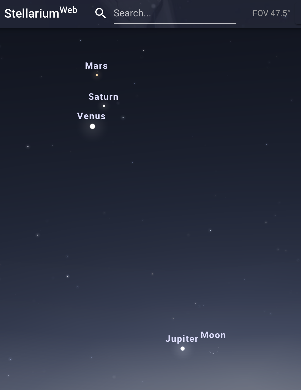 Screenshot showing the planets and crescent moon. 