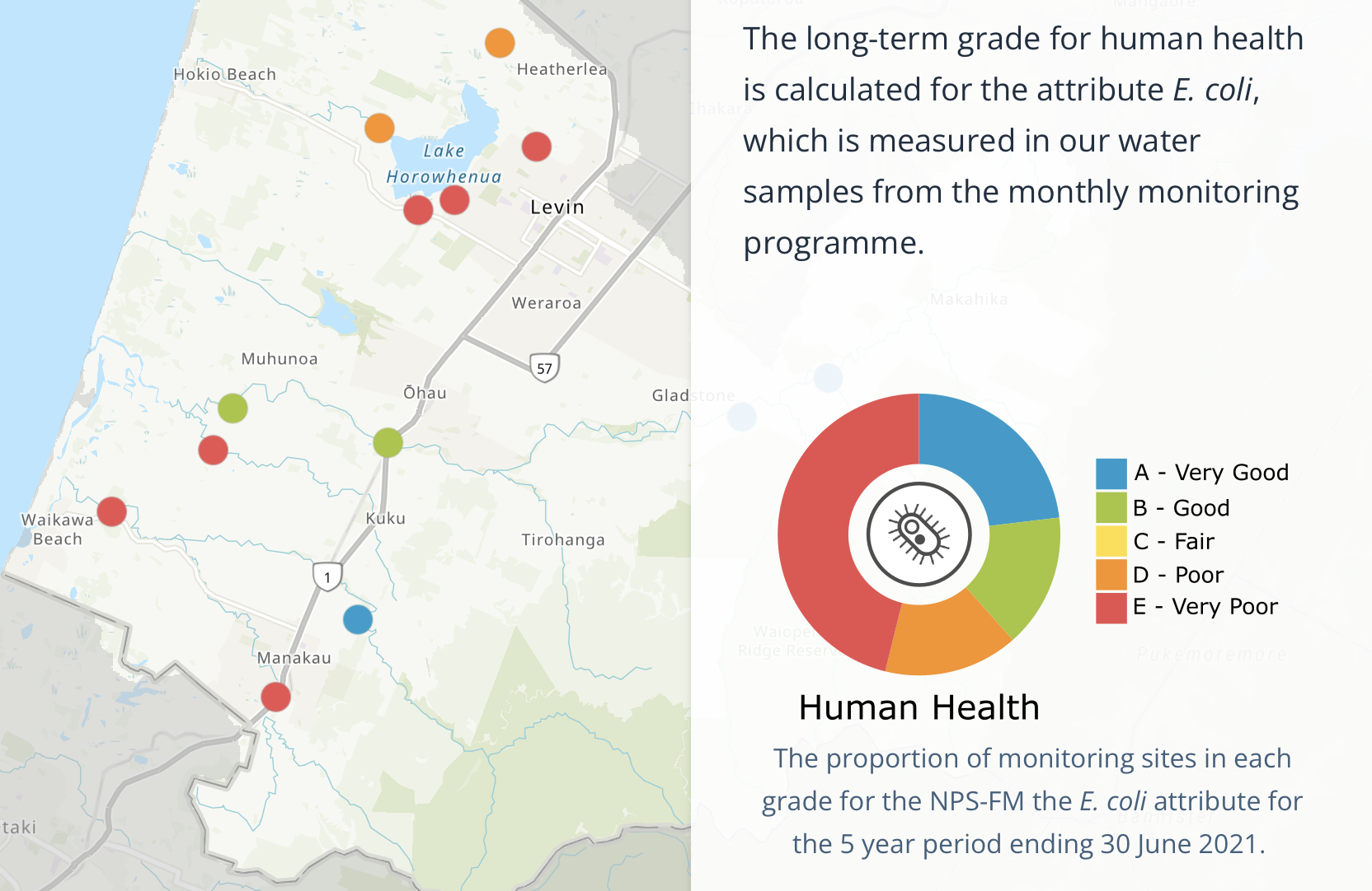 Red dot on a map shows Waikawa River at the footbridge has a very poor longterm score for human health. 