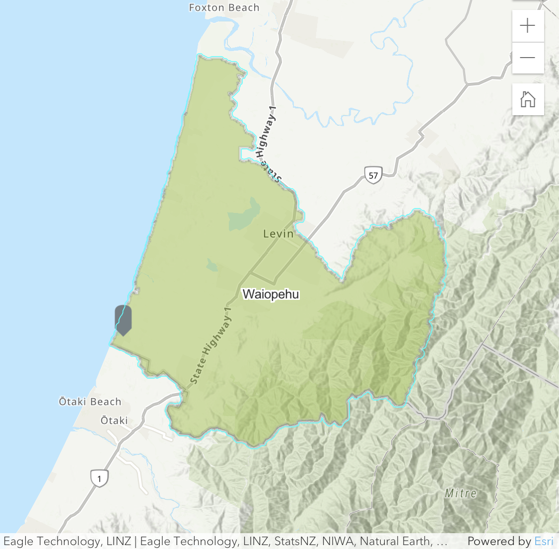 Map shows the Waiopehu area that includes Waikawa Beach. 