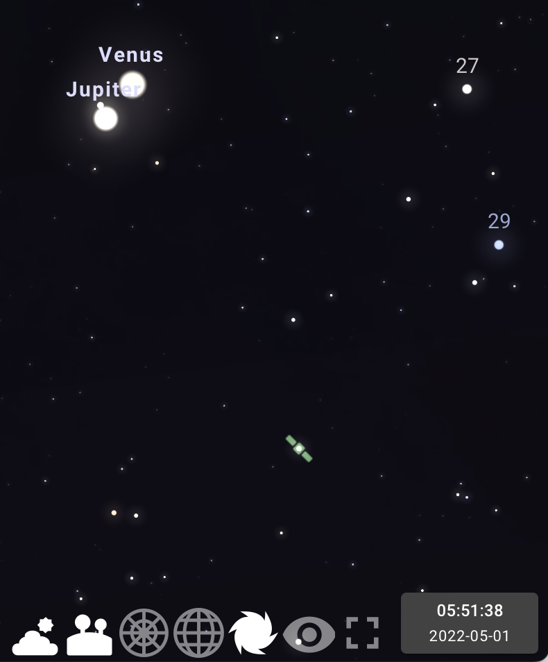 SCreenshot from Stellarium showing Jupietr and venus next to one another. 